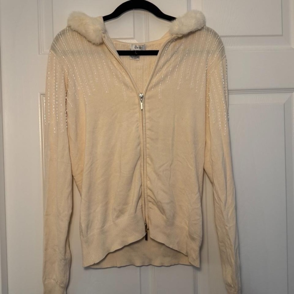 Vintage‎ Cache Y2K Genuine Rabbit Fur Trim Beaded Zip Up Hoodie Sweater Size M